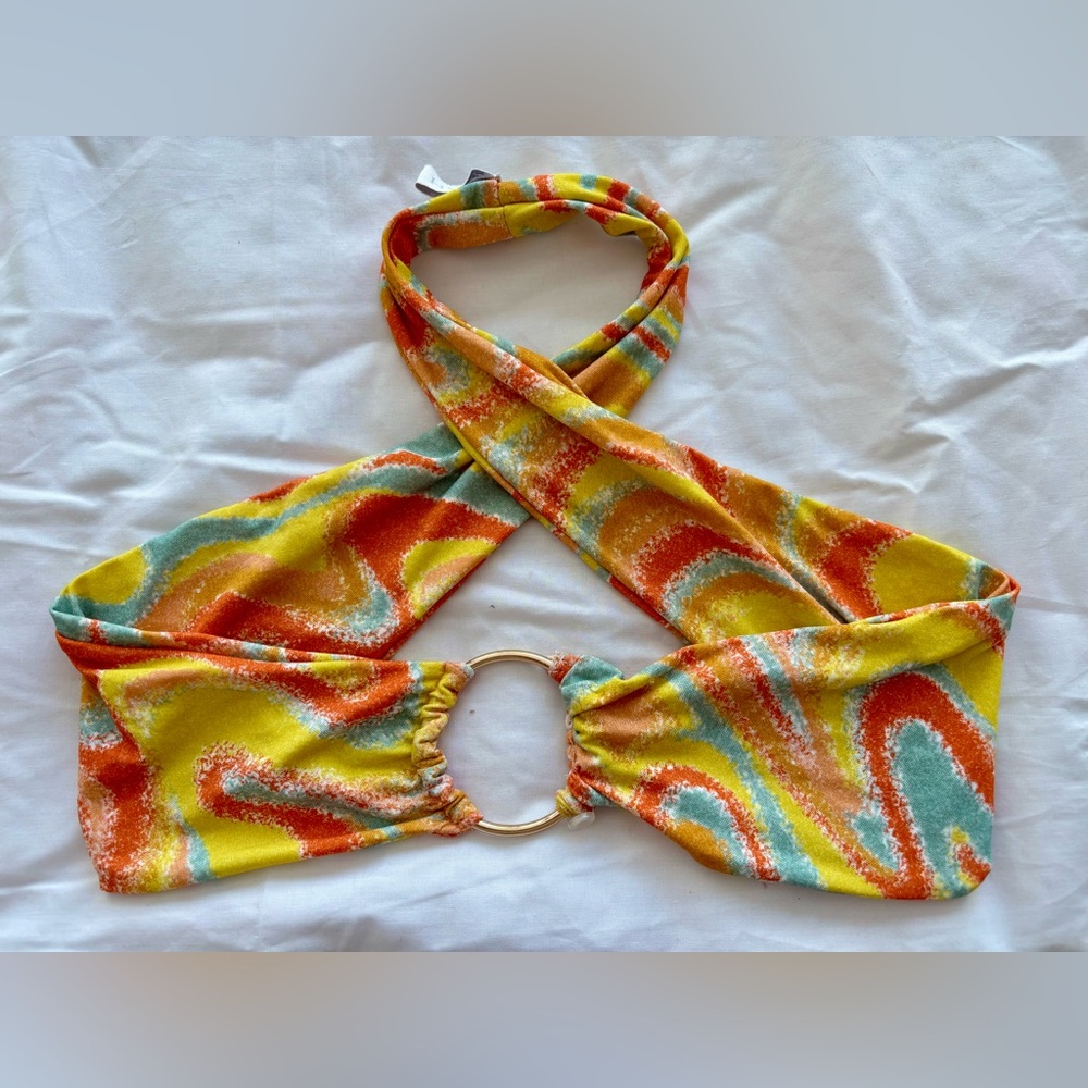 Indah Yellow Orange Teal Ring-Front Bikini Top